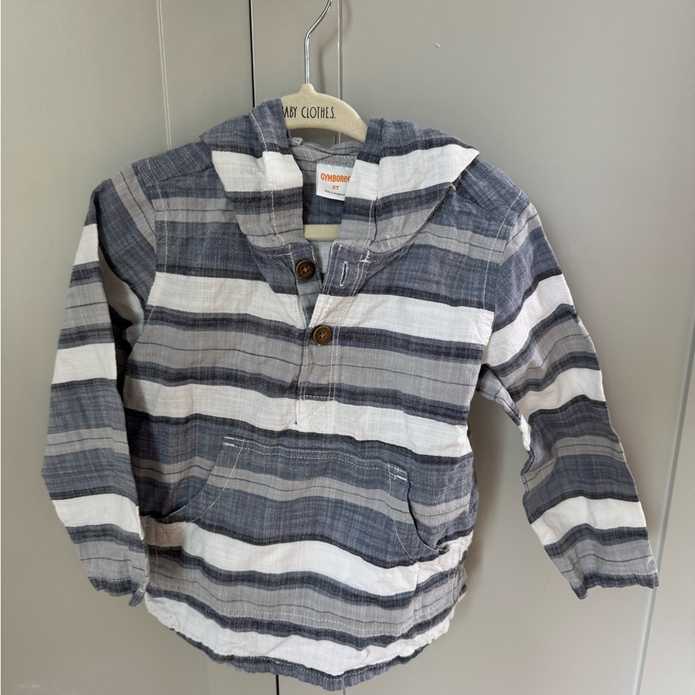 Toddler Boy GYMBOREE Long Sleeve Hooded Shirt - Beach Cover - Blue Stripe (2T)